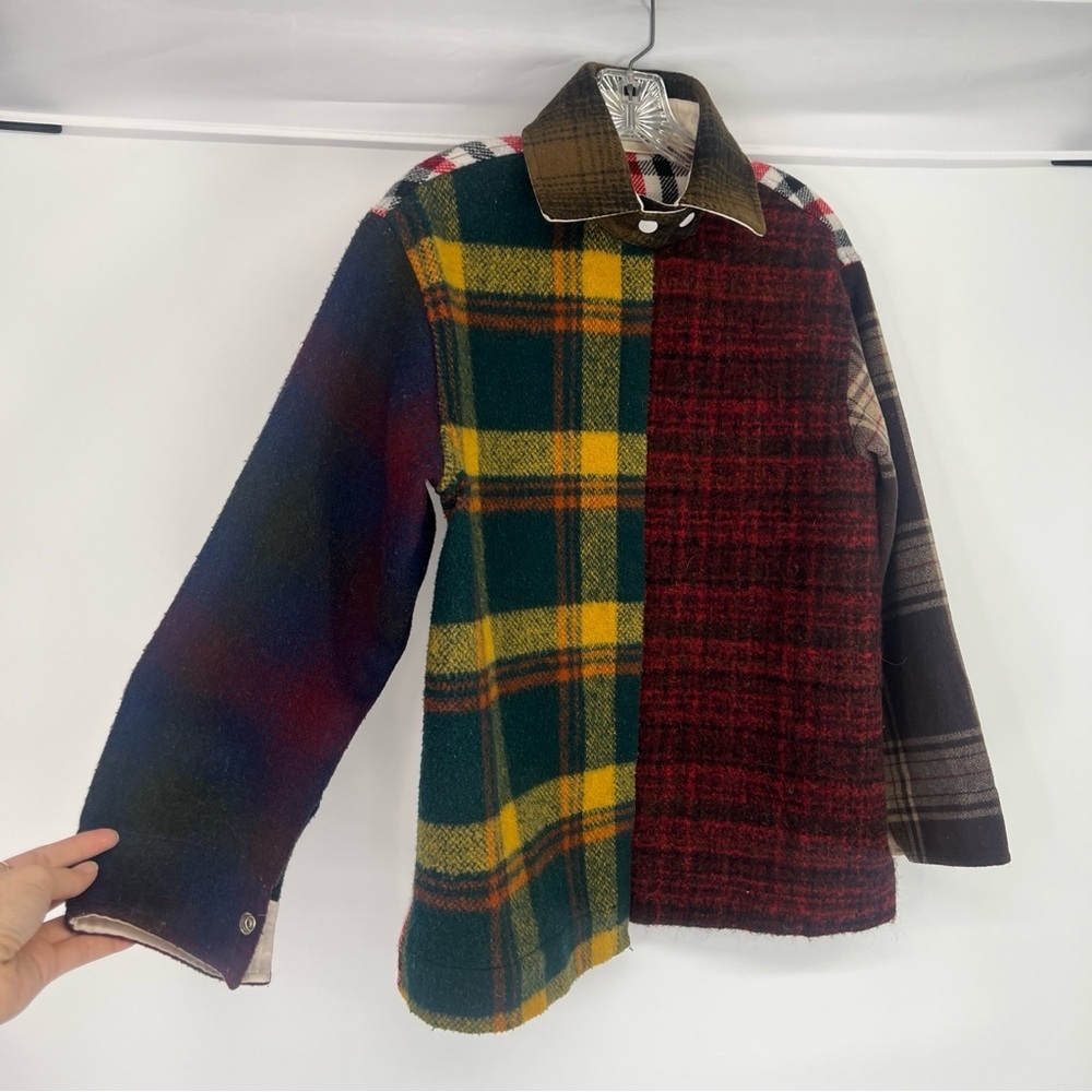 CARLEEN Deadstock Wool Reworked Patchwork Plaid Collared Snap Button Jacket S - Picture 3 of 6